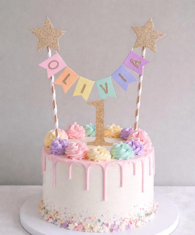 Gold Star Rainbow 1st Birthday Cake Topper Personalised Star Rainbow Bunting Banner Girl Boy Garland Flags Name Age image 6