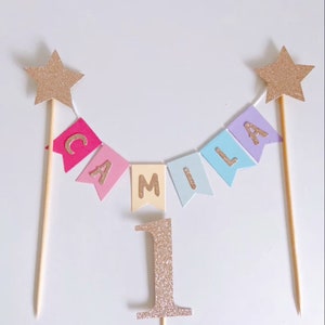 Personalised Bunting Cake Topper, First Birthday Cake Topper, Gold Star Rainbow Cake Topper, Rainbow Glitter Bunting Cake Topper