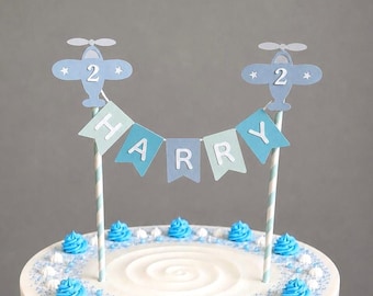 Personalised Plane Cake Topper Blue Aeroplane 1st Birthday Bunting Banner, Boy Girl Custom Name Age