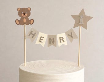 Teddy Bear Cake Topper, Personalised Teddy Bear Cake Topper, 1st Birthday Cake Topper, Brown Teddy Bear Cream Nuetral bunting Banner,