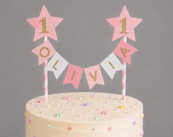 Personalised 1st Birthday Rainbow Cake Topper Pink Star Pastel Bunting Banner Girl Birthday Party Cake Decoration