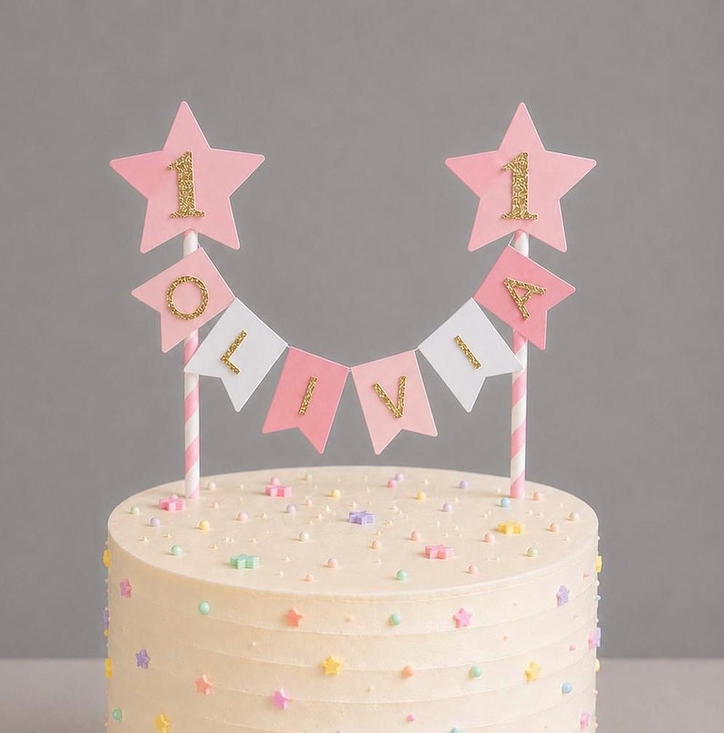 Personalised 1st Birthday Rainbow Cake Topper Pink Star Pastel Bunting Banner Girl Birthday Party Cake Decoration Pink Stripe Straws
