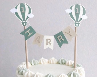 Adorno personalizado para tarta de primer cumpleaños / Banner con nombre de globo aerostático / Decoración para tarta de primer cumpleaños