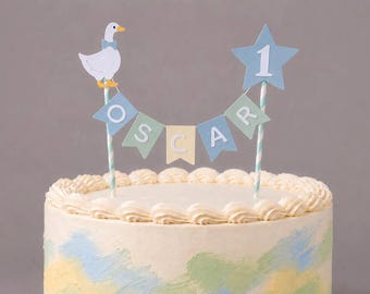 Personalised Silly Goose Cake Topper 1st Birthday Pastel Blue Star Farm Custom Name Age Boy Cake Decoration