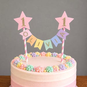 Personalised Pink Star Cake Topper Pastel Rainbow 1st Birthday Bunting Banner Custom Nams Age Girl Boy Cake Decoration