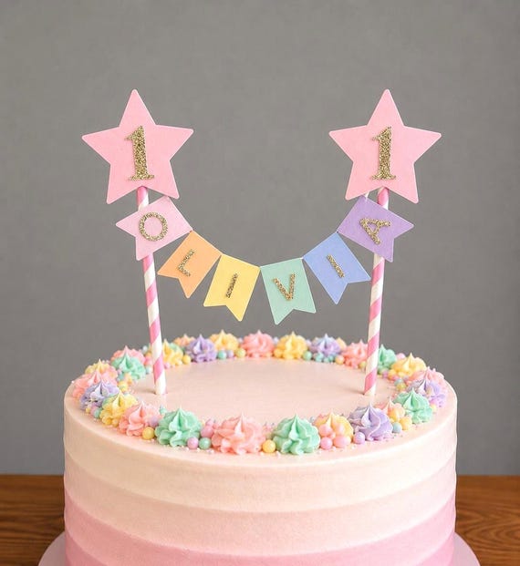 Personalised Pink Star Cake Topper Pastel Rainbow 1st Birthday Bunting Banner Custom Nams Age Girl Boy Cake Decoration