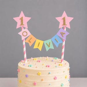 Personalised Cake Topper 1st Birthday Pink Star Pastel Rainbow Bunting Banner Custom Nams Age Girl Boy Cake Decoration