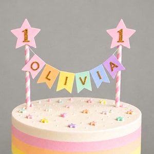 Personalised Cake Topper 1st Birthday Pink Star Pastel Rainbow Bunting Banner Custom Nams Age Girl Boy Cake Decoration image 5