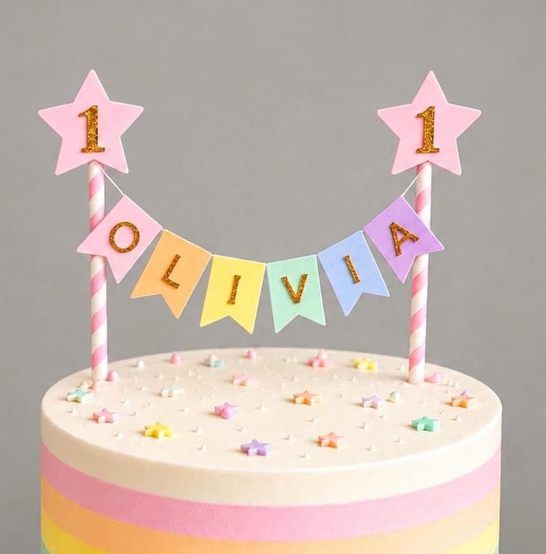 Personalised Cake Topper 1st Birthday Pink Star Pastel Rainbow Bunting Banner Custom Nams Age Girl Boy Cake Decoration image 5