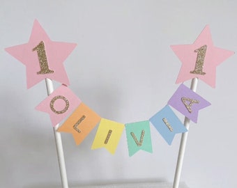 Pink Star Rainbow Bunting Cake Topper, 1st Birthday Cake Topper, Star Rainbow Pastel Cake Topper, 1st Birthday Cake Topper, Unicorn Rainbow