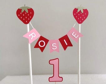 Personalised Strawberry Cake Topper 1st Birthday Bunting Banner