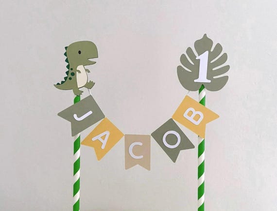 Personalised Dinosaur Cake Topper | Jungle Leaf Bunting Banner | 1st Birthday | Sage Green | Dino Party Decor