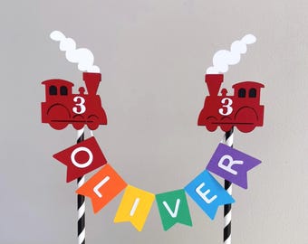 Adorno personalizado para tarta de tren, guirnalda de arcoíris para el primer cumpleaños, nombre y edad personalizados para niño o niña.