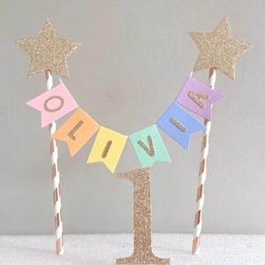 Gold Star Rainbow 1st Birthday Cake Topper Personalised Star Rainbow Bunting Banner Girl Boy Garland Flags Name Age image 7