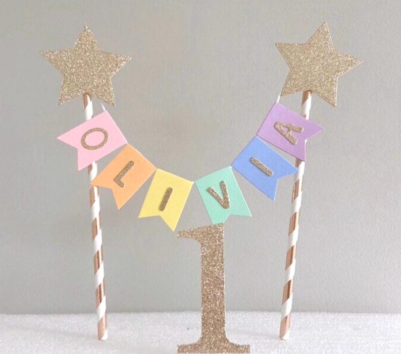 Gold Star Rainbow 1st Birthday Cake Topper Personalised Star Rainbow Bunting Banner Girl Boy Garland Flags Name Age image 7
