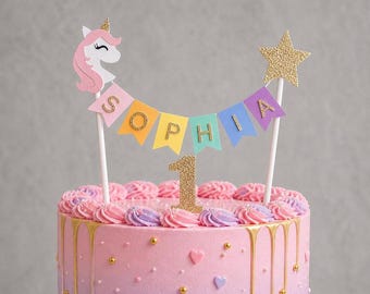 Personalised unicorn Rainbow Bunting Cake Topper, First Birthday Bunting Cake Topper, Unicorn Cake Topper, 1st Birthday Cake Topper