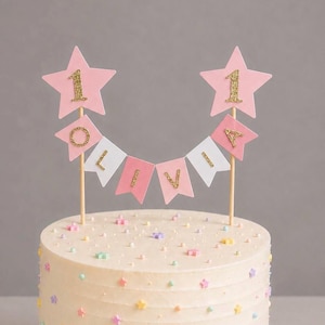 Personalised 1st Birthday Rainbow Cake Topper Pink Star Pastel Bunting Banner Girl Birthday Party Cake Decoration Bamboo Sticks