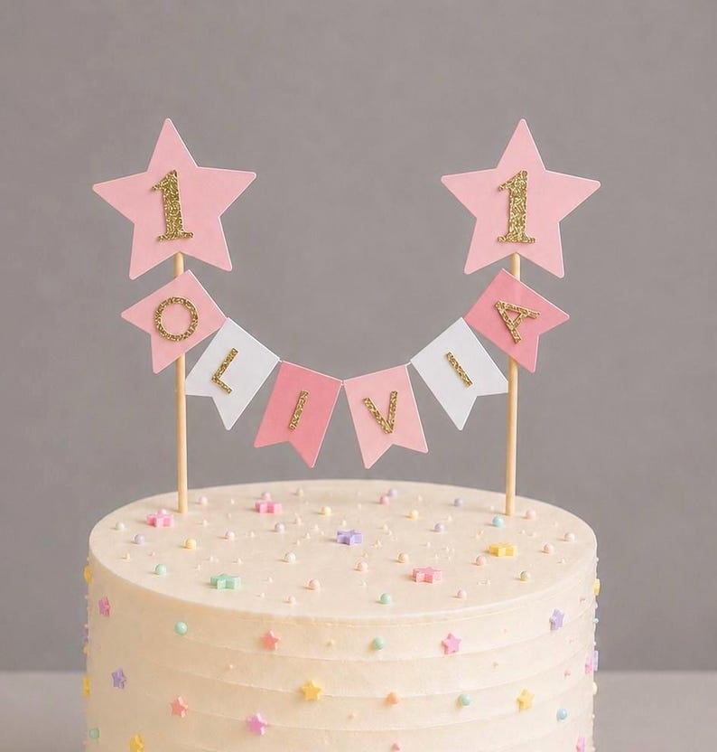 Personalised 1st Birthday Rainbow Cake Topper Pink Star Pastel Bunting Banner Girl Birthday Party Cake Decoration Bamboo Sticks
