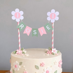Personalised Daisy Cake Topper, 1st Birthday Pastel Rainbow Cake Decoration Bunting Banner, Custom Name & Age Girl Birthday Party