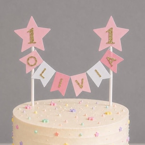 Personalised 1st Birthday Rainbow Cake Topper Pink Star Pastel Bunting Banner Girl Birthday Party Cake Decoration White Straws