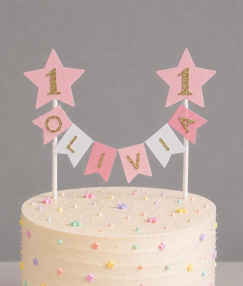 Personalised 1st Birthday Rainbow Cake Topper Pink Star Pastel Bunting Banner Girl Birthday Party Cake Decoration White Straws
