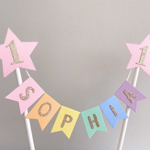 Personalised Pink Star Rainbow Bunting Cake Topper, First Birthday Cake Topper, Star Rainbow Pastel Cake Topper, 1st Birthday Cake Topper,