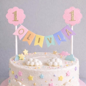 Personalised Daisy Cake Topper | Pink Pastel Rainbow Bunting | Custom Name Age | First Birthday Girl Cake Decoration