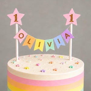Personalised Cake Topper 1st Birthday Pink Star Pastel Rainbow Bunting Banner Custom Nams Age Girl Boy Cake Decoration image 7