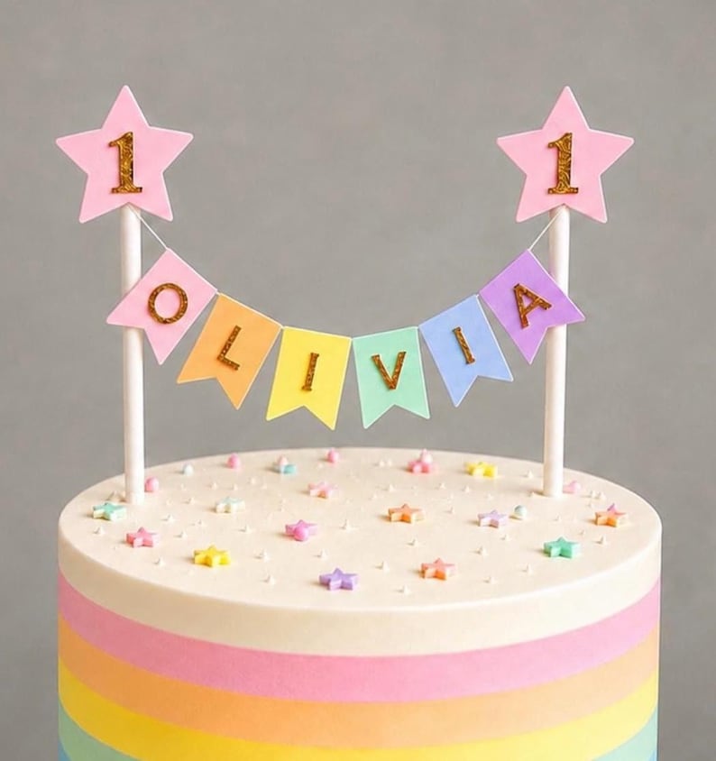 Personalised Cake Topper 1st Birthday Pink Star Pastel Rainbow Bunting Banner Custom Nams Age Girl Boy Cake Decoration image 7