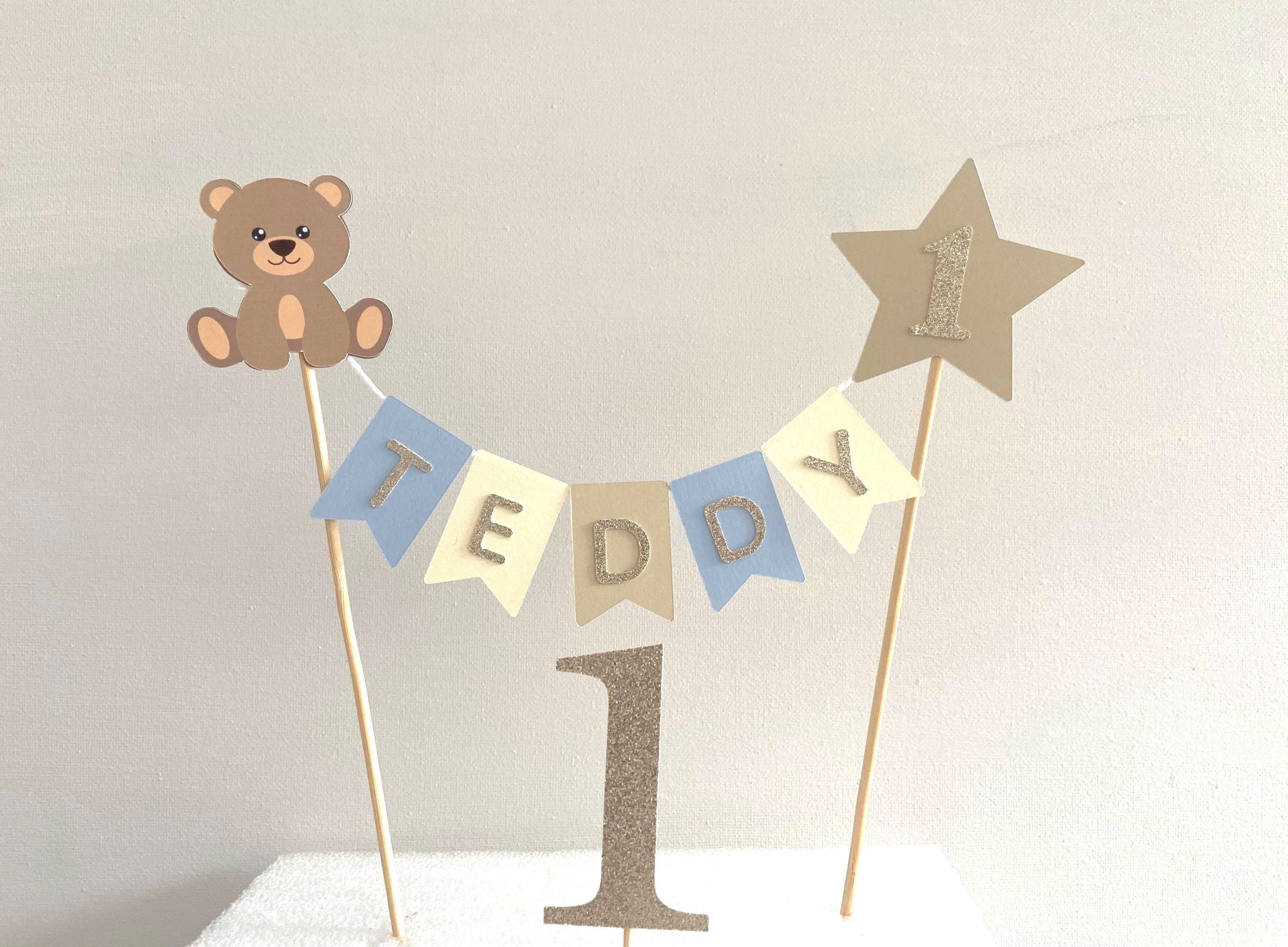 Personalised Teddy Bear 1st Birthday Cake Topper Neutral Cream Star ...