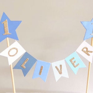 Personalised Blue Star Bunting Cake Topper, Birthday Bunting, 1st Birthday Cake Topper, Pastel Blue Rainbow Cake Topper