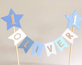 Personalised Blue Star Bunting Cake Topper, Birthday Bunting, 1st Birthday Cake Topper, Pastel Blue Rainbow Cake Topper