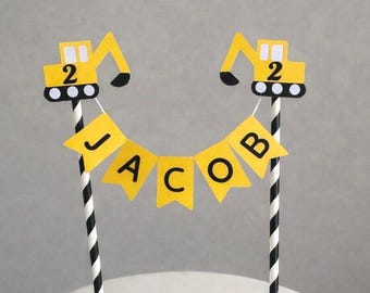 Personalised Digger Cake Topper with Name & Age – Construction Excavator 1st Birthday Cake Decoration for Boys