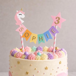 Unicorn Rainbow Cake Topper Personalised Pastel Pink Star Rainbow Cake Banner 1st Birthday Girls Rainbow Name Age Bunting