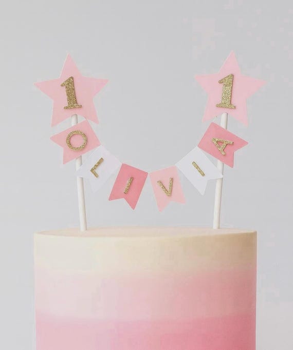 Personalised 1st Birthday Rainbow Cake Topper Pink Star Pastel Bunting Banner Girl Birthday Party Cake Decoration
