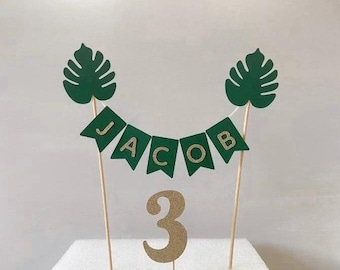 Personalised Jungle Cake Topper, Safari Bunting, Leaf Decor