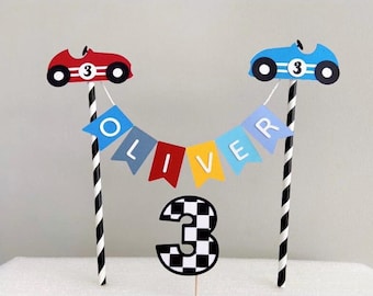 Adorno personalizado para tarta de coche de carreras, banderín de cumpleaños de coche para niño, adorno para tarta de primer cumpleaños, pancarta de coche para el primer cumpleaños