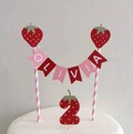 Personalised Strawberry Cake Topper, 1st Birthday Cake Topper, Sweet One Strawberry Bunting Cake Topper, First Birthday Banner Red Pink Girl