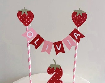 Personalised Strawberry Cake Topper, 1st Birthday Cake Topper, Sweet One Strawberry Bunting Cake Topper, First Birthday Banner Red Pink Girl