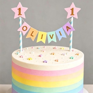 Personalised Cake Topper 1st Birthday Pink Star Pastel Rainbow Bunting Banner Custom Nams Age Girl Boy Cake Decoration Blue Stripes