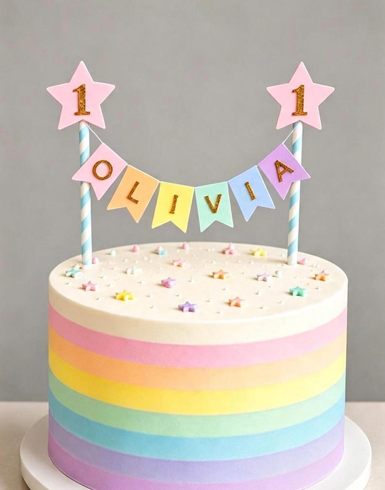 Personalised Cake Topper 1st Birthday Pink Star Pastel Rainbow Bunting Banner Custom Nams Age Girl Boy Cake Decoration Blue Stripes