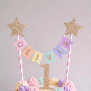 Gold Star Rainbow 1st Birthday Cake Topper Personalised Star Rainbow Bunting Banner Girl Boy Garland Flags Name Age image 4
