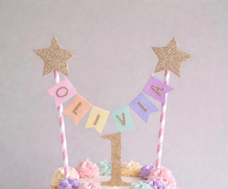 Gold Star Rainbow 1st Birthday Cake Topper Personalised Star Rainbow Bunting Banner Girl Boy Garland Flags Name Age image 4