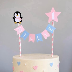 Personalised Penguin Cake Topper Pink Star 1st Birthday Bunting Banner Custom Name Age Boy Girl