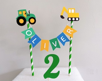 Tractor Digger Bunting Cake Topper, Boys Farm Tractor Digger Bunting, Personalised Bunting Cake Topper, 1st Birthday Cake Topper.