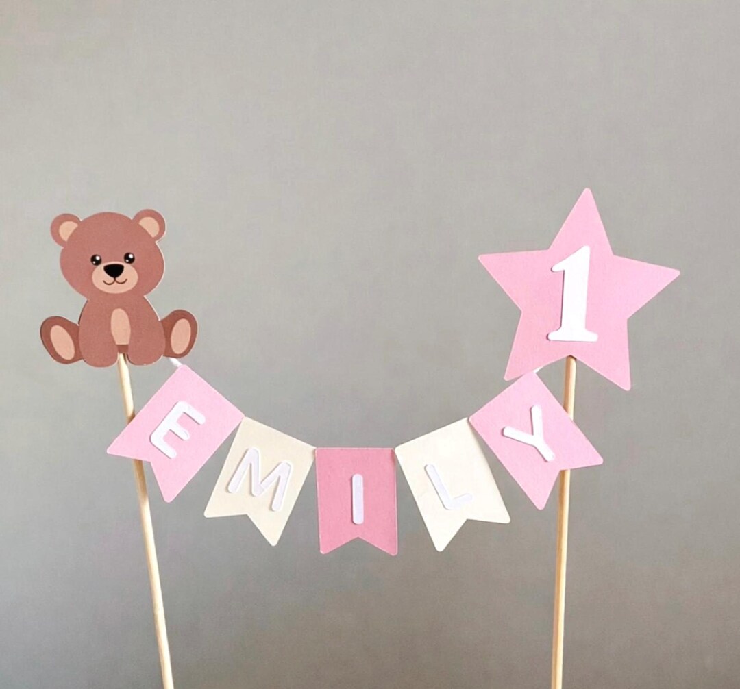 Teddy Bear Cake Topper Personalised Pink Teddy Banner 1st Birthday ...
