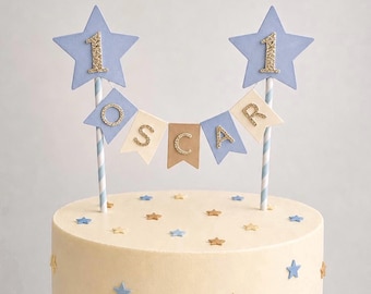 Adorno personalizado para tarta de primer cumpleaños: guirnalda de estrellas azules con nombre y edad personalizados / Decoración neutra para tarta