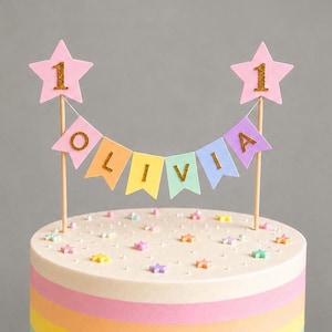 Personalised Cake Topper 1st Birthday Pink Star Pastel Rainbow Bunting Banner Custom Nams Age Girl Boy Cake Decoration image 8