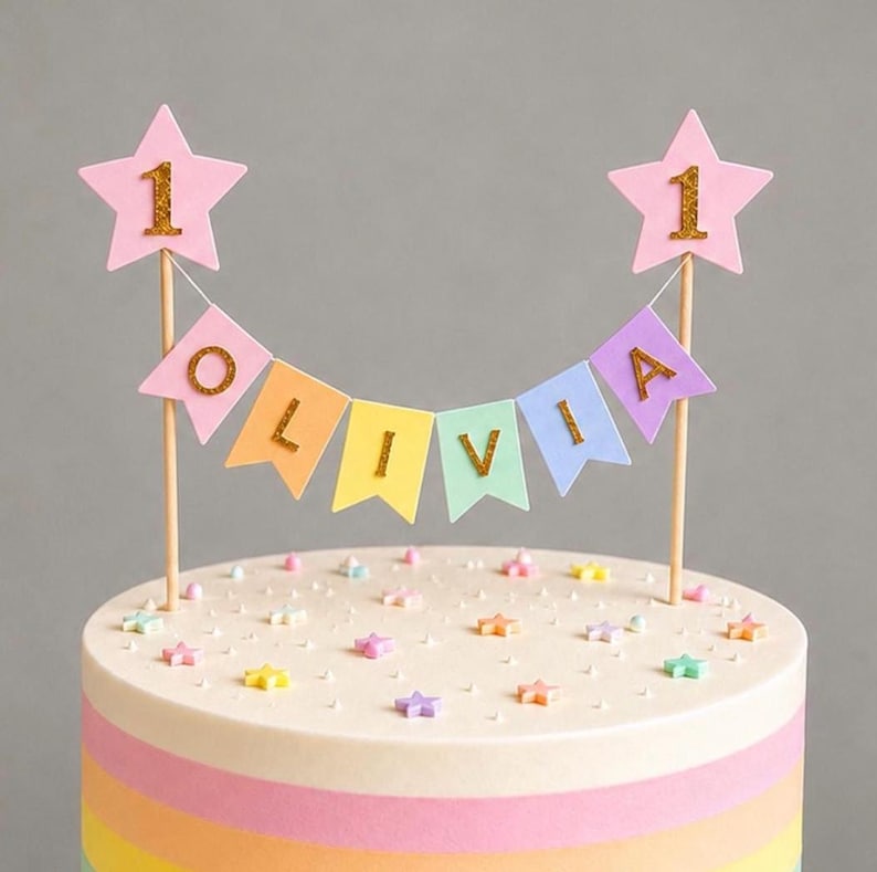 Personalised Cake Topper 1st Birthday Pink Star Pastel Rainbow Bunting Banner Custom Nams Age Girl Boy Cake Decoration image 8
