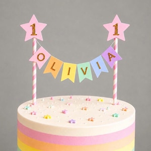 Personalised Cake Topper 1st Birthday Pink Star Pastel Rainbow Bunting Banner Custom Nams Age Girl Boy Cake Decoration image 1